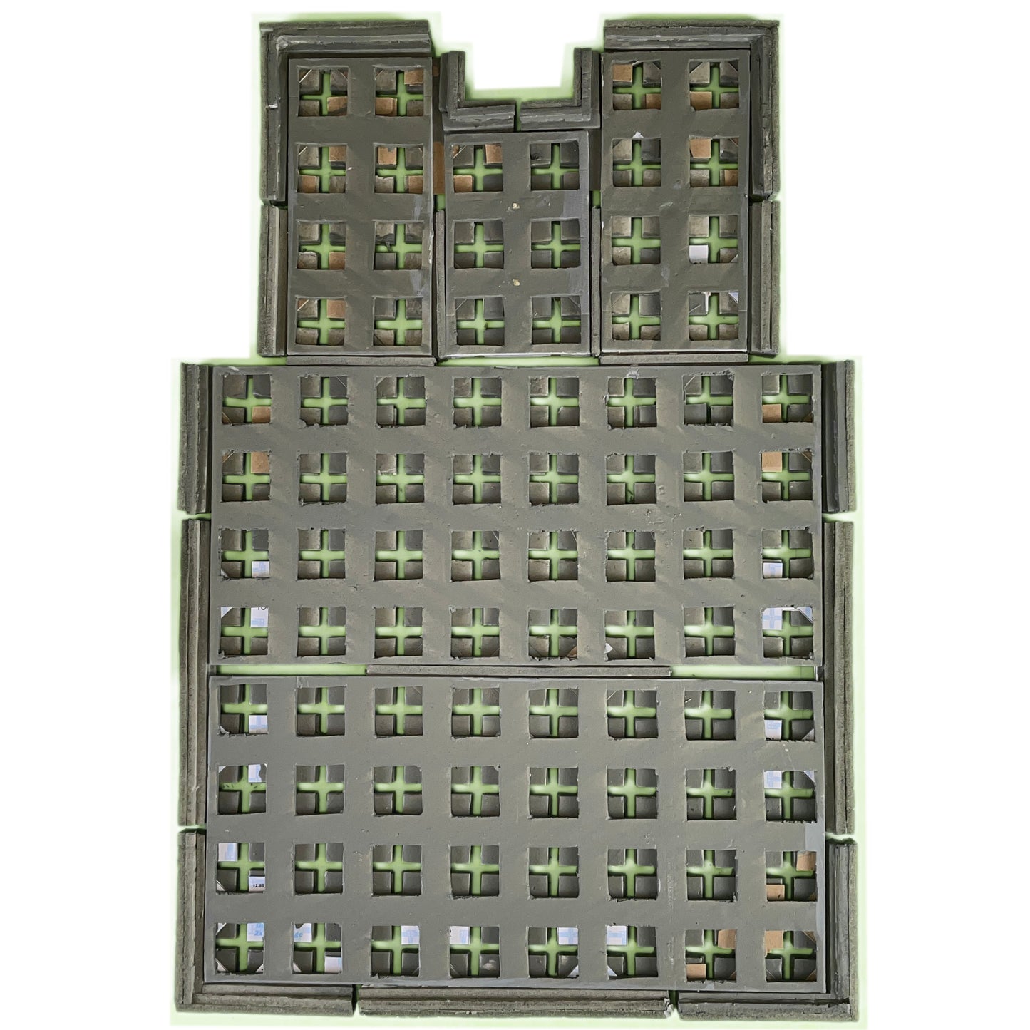 TERRAINO Tabletop Terrain Modular Floors are connected together using grid connectors. Borders are added to allow putting walls on floor edges.